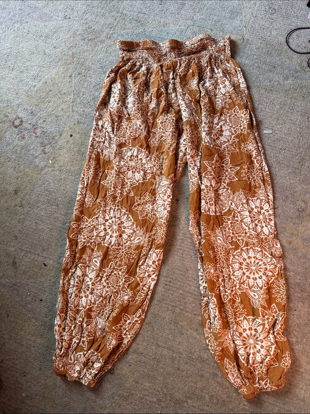 Lotus & Luna Tan Smocked Harem Pants featuring a bohemian mandala floral paisley